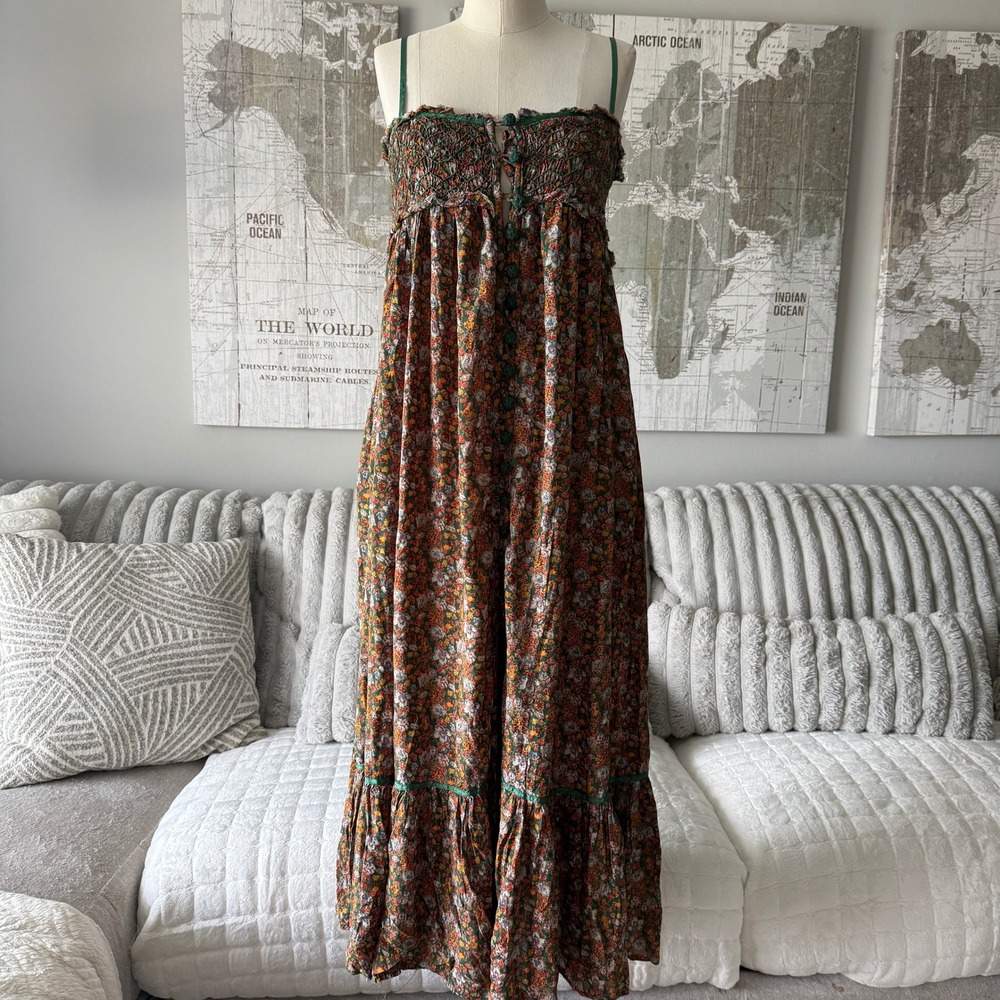 Free People Floral Smocked Maxi Dress Green Orange OB1264067 Small